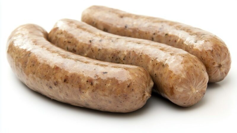 Three uncooked Bratwurst sausages with a speckled meat blend, resting on a white background