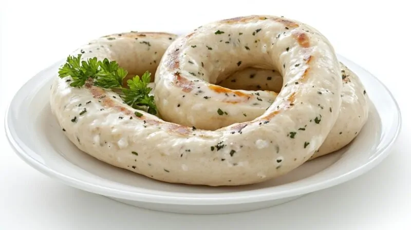 Close-up of two pale white Weisswurst sausages with herbs on a white plate, garnished with parsley