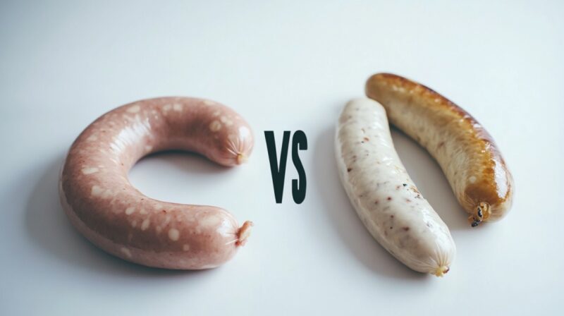 Two sausages side by side on a white background, labeled "vs"—one pinkish raw Bratwurst and one pale cooked Weisswurst