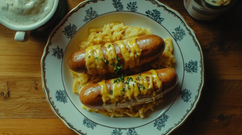Top-down view of grilled sausages topped with mustard and herbs, served over sauerkraut on a floral porcelain plate