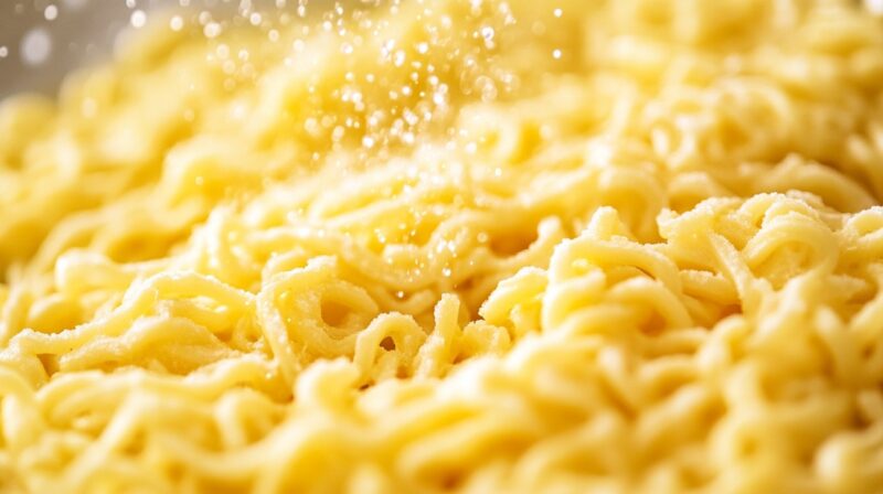 Close-up of egg-free, dairy-free Spätzle noodles with a light golden color and soft texture