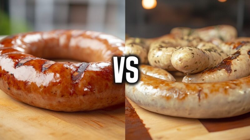 Side-by-side comparison of grilled Bratwurst and Weisswurst sausages on wooden boards with a "VS" in the center