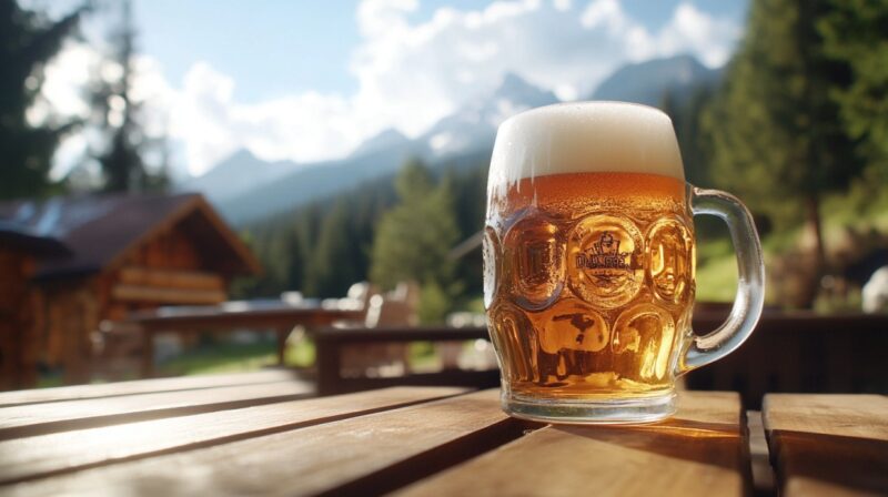 Frothy glass of beer on a wooden table outdoors with a scenic mountain and forest background