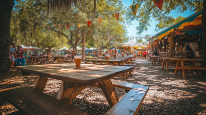 Outdoor Oktoberfest celebration with wooden picnic tables, beer cups, festive bunting, and people enjoying a sunny day