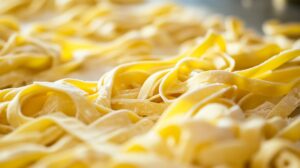 Close-up of raw Spätzle dough shaped into noodles on a floured surface