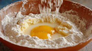 Bowl with flour, eggs, and milk being combined to make Spätzle dough