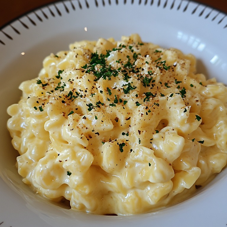 A bowl of cheesy Spätzle pasta topped with herbs and black pepper