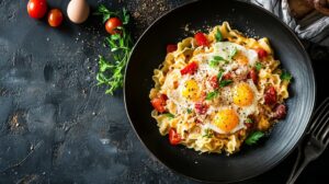 Plate of Spätzle pasta garnished with sunny-side-up eggs, tomatoes, herbs, and sprinkled cheese