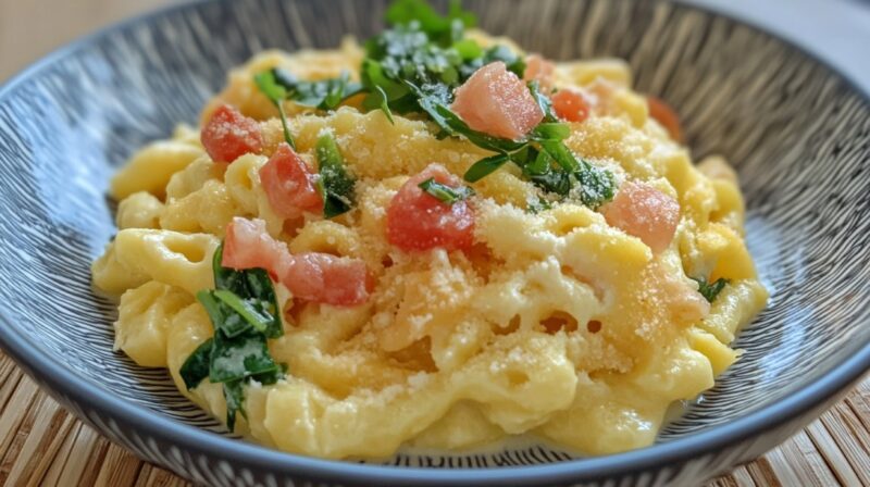Close-up of Spätzle pasta with creamy sauce, chopped tomatoes, parsley, and cheese in a bowl