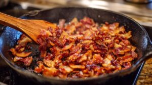 Close-up of chopped bacon cooking in a black cast iron skillet with a wooden spatula