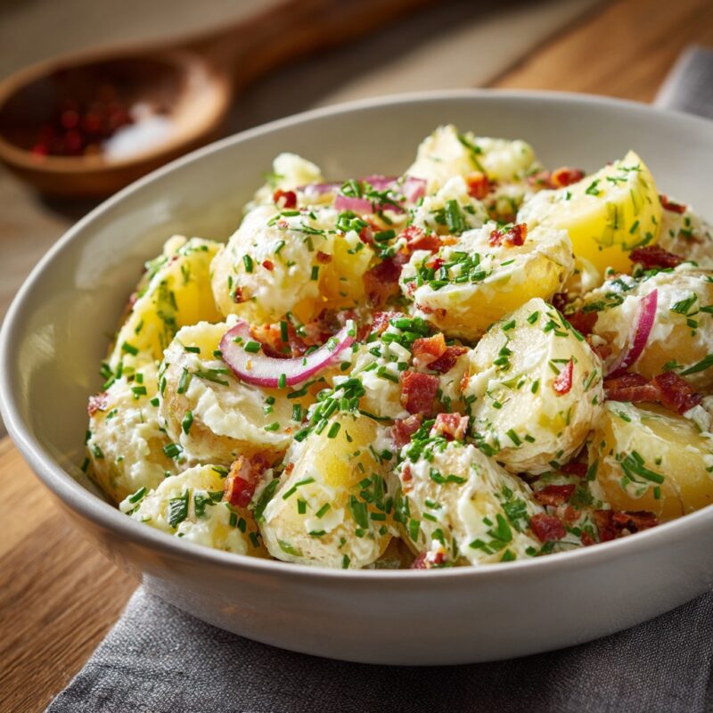 Bowl of creamy German potato salad topped with crispy bacon, chives, and red onion slices