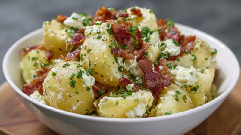 Bowl of warm German potato salad with bacon, chives, and crumbled cheese