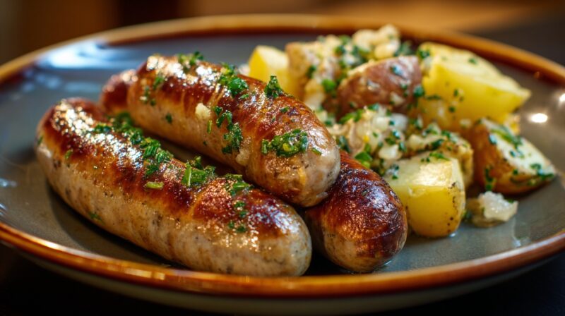 Plate with grilled bratwurst garnished with herbs, alongside German potato salad with chives and onions