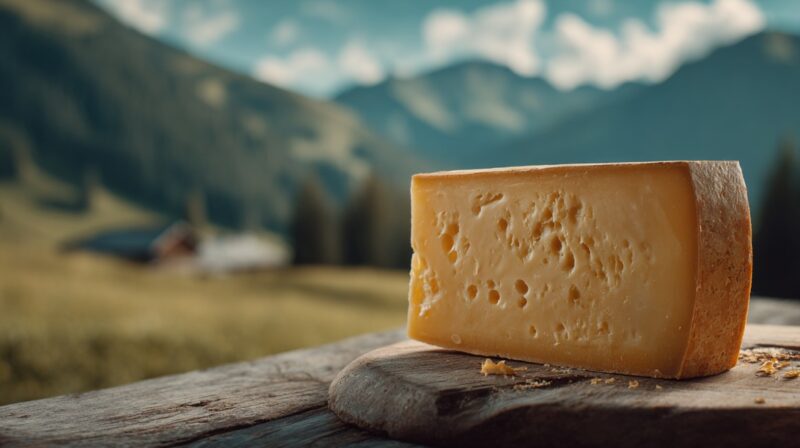 Large wedge of Allgäuer Emmentaler cheese with small holes, sitting on a wooden board outdoors with mountains in the background