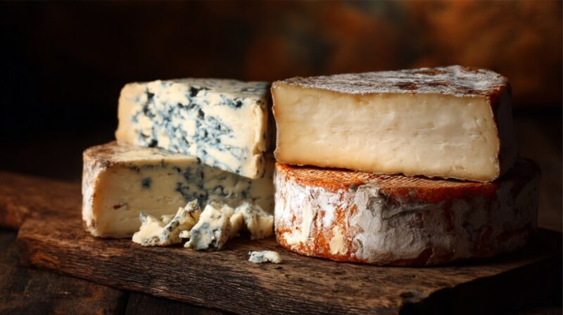 Two German cheeses on a rustic wooden board — one is blue-veined with creamy texture, the other is a washed-rind cheese with an orange-brown crust and smooth pale interior