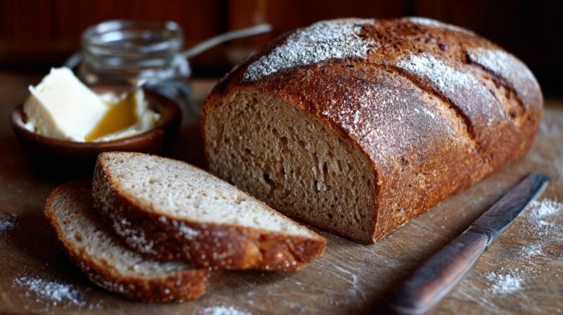 A loaf of rustic brown bread with a crisp crust, partially sliced, next to a dish of butter and a knife on a wooden surface