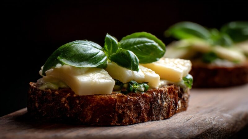 Close-up of a bread slice with chunks of smoked cheese and fresh basil garnish, placed on a wooden board