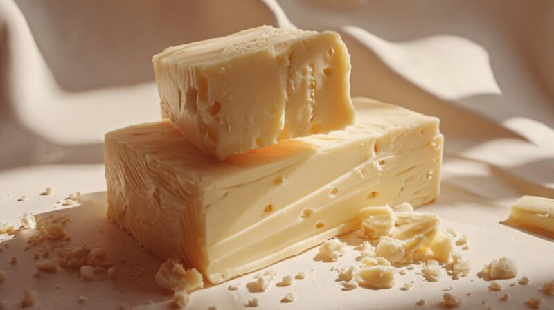 Two blocks of pale yellow Butterkäse cheese with a smooth texture and small holes, surrounded by cheese crumbles