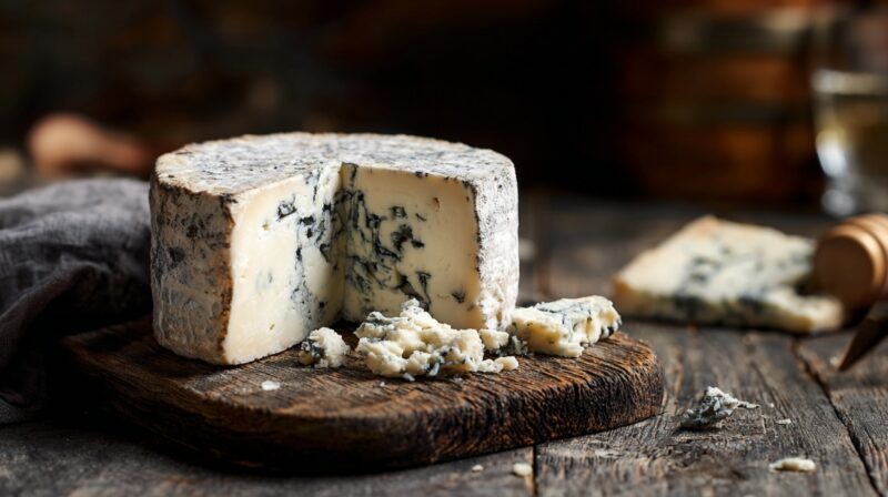 Cambozola cheese wheel on a wooden board, with a wedge cut out showing creamy white interior streaked with blue mold