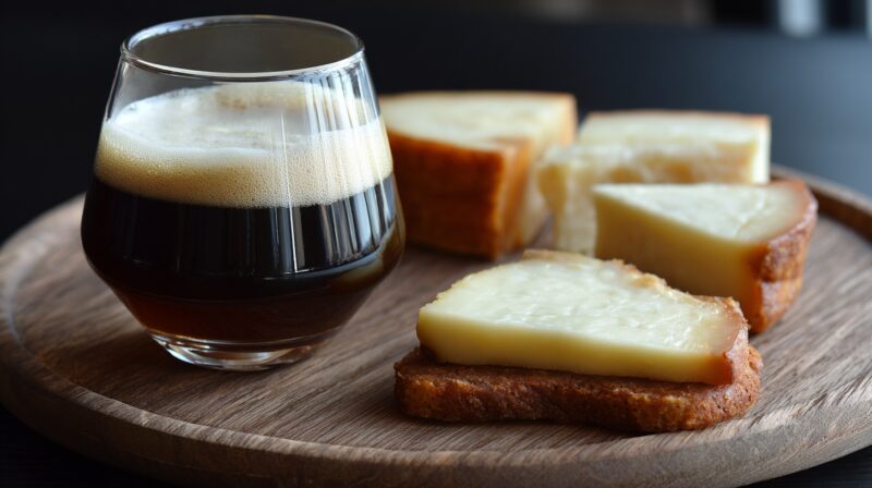 A glass of dark beer with a creamy foam head sits on a wooden board next to slices of smoked German cheese on bread