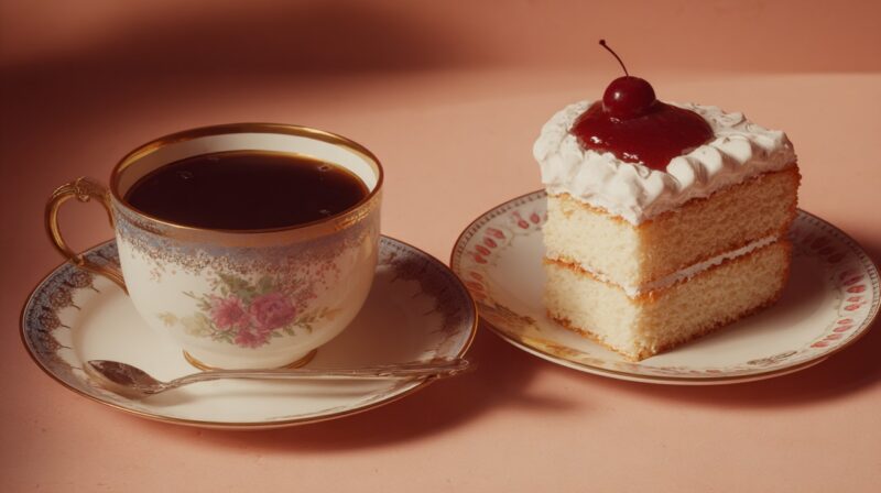 Decorative teacup with coffee and a slice of layered cake topped with whipped cream and a cherry