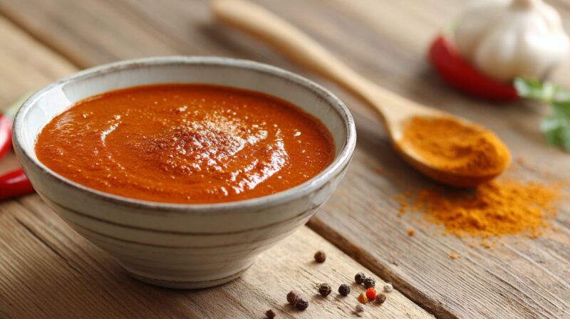 Bowl of German curry ketchup with spices and garlic on a wooden table