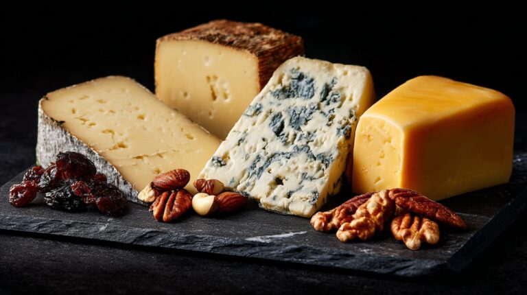 Assorted German cheeses including blue cheese, aged cheddar-style, and rustic rind varieties, served with pecans, almonds, macadamia nuts, and raisins on a slate board