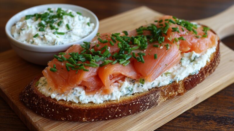 Open-faced sandwich with smoked salmon, German dill cream spread, and chives on rye bread