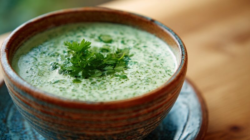 Bowl of Grüne Soße (German green herb sauce) garnished with fresh parsley