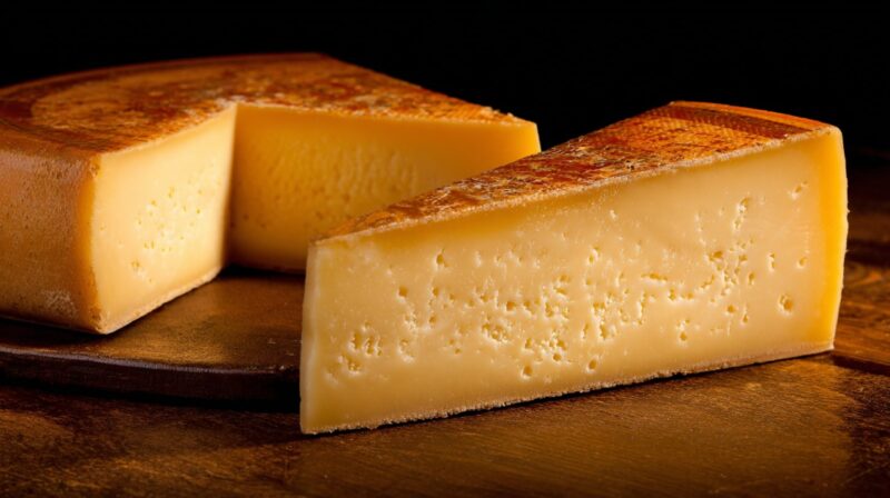 Wedges of German hard cheese (Hartkäse) with a deep golden rind and firm, slightly crumbly interior on a dark wooden board