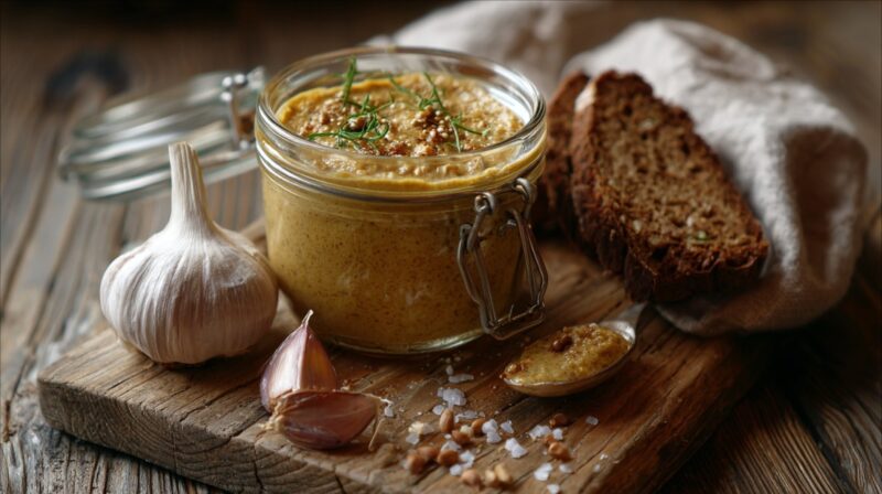 Jar of coarse homemade-style mustard with garlic, bread, and spices on a rustic wooden board