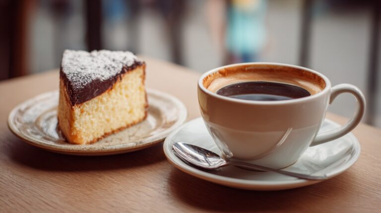 White cup of coffee and a slice of cake with chocolate glaze and powdered sugar on a plate