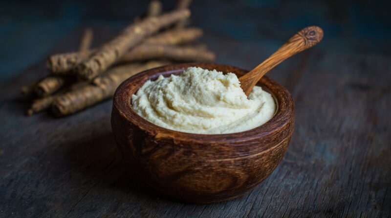 Wooden bowl of freshly grated horseradish paste with roots in the background