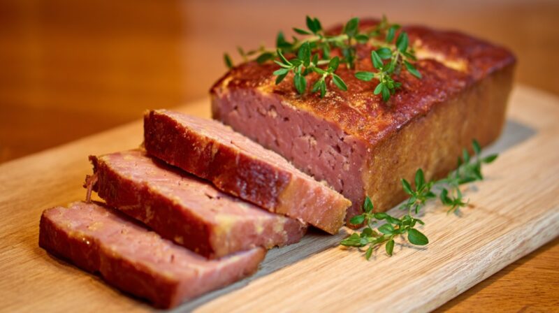 A loaf of baked Leberkäse with a golden brown crust, sliced and garnished with fresh herbs on a wooden cutting board