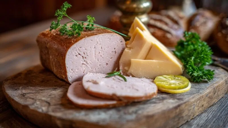 Close-up of sliced Leberkäse with cheese wedges, parsley, and lemon slices on a wooden cutting board