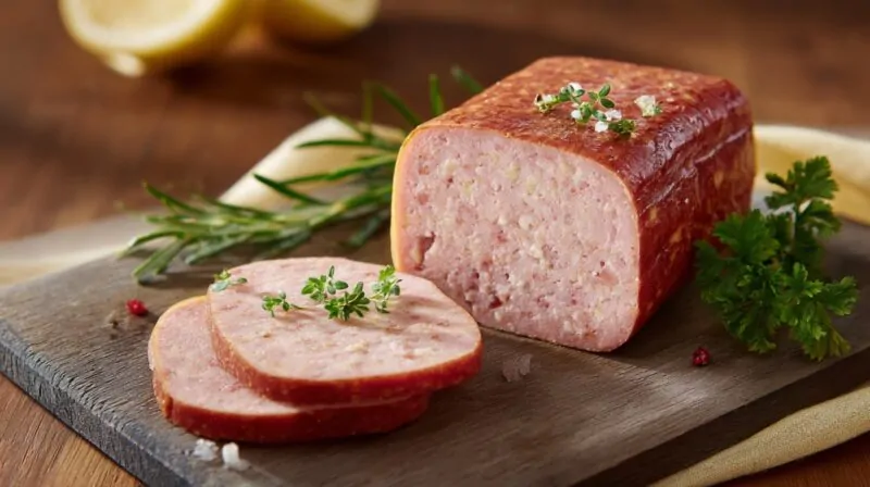 Sliced Leberkäse on a wooden board, garnished with fresh herbs and served with parsley and lemon in the background