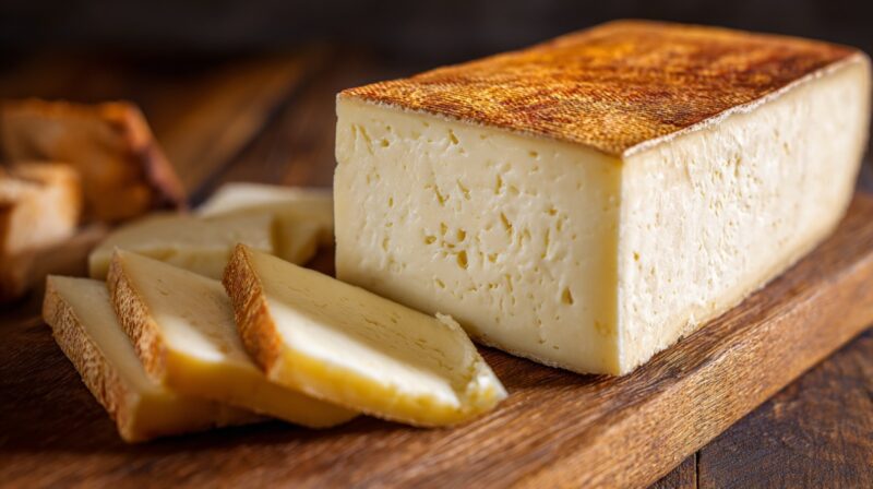 Block of Limburger cheese with a reddish-brown rind, partially sliced, on a wooden cutting board