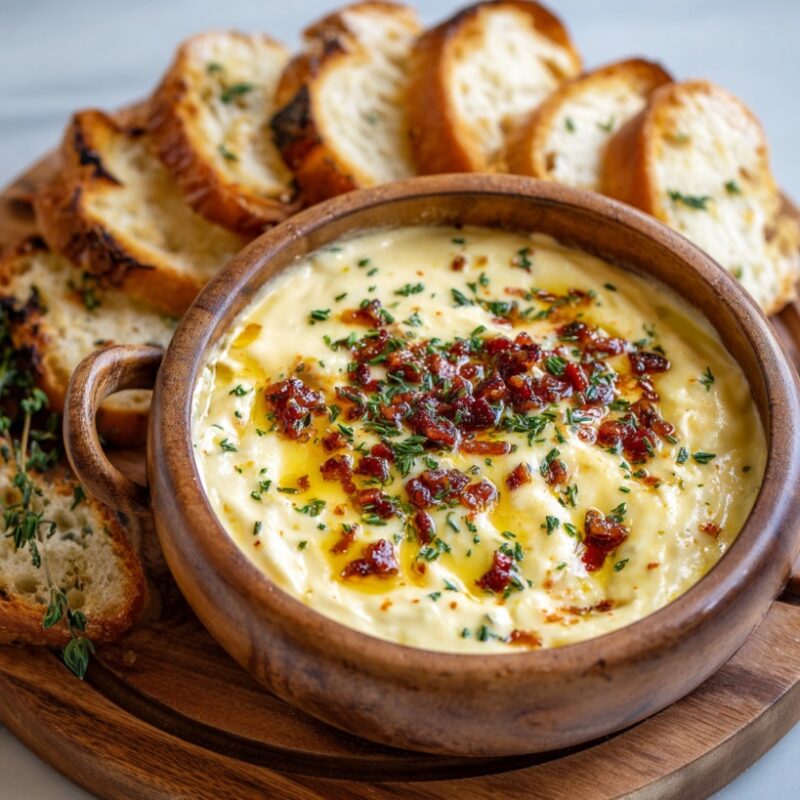 Wooden bowl of Obatzda cheese dip garnished with herbs and bacon, surrounded by slices of toasted bread