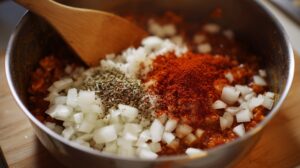 Close-up of chopped onions, paprika powder, and dried herbs in a pan with a wooden spoon
