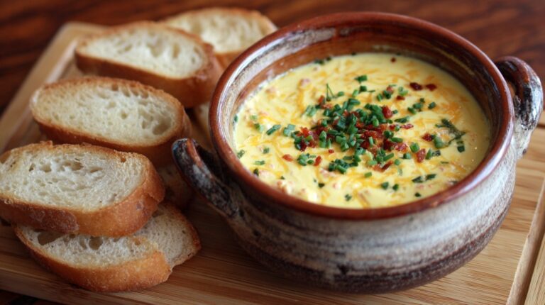 Rustic bowl of Obatzda cheese dip topped with chives and bacon, with baguette slices on a wooden board