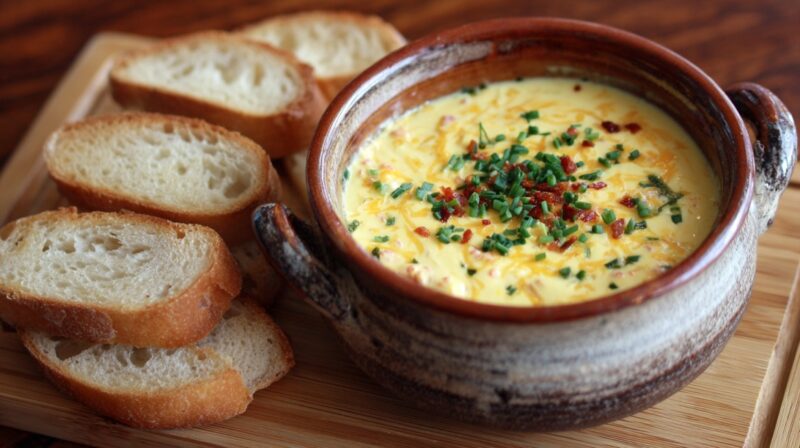 Rustic bowl of Obatzda cheese dip topped with chives and bacon, with baguette slices on a wooden board