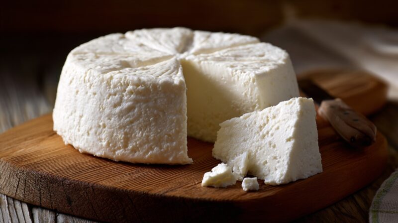Round wheel of quark cheese with a wedge cut out, placed on a wooden board with a knife nearby