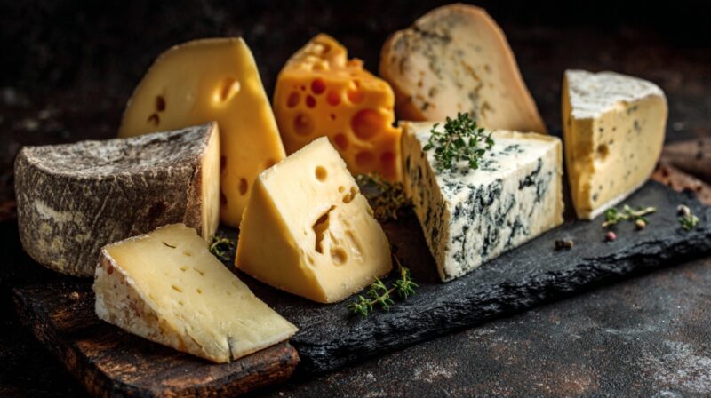 German cheeses including blue cheese, Emmental-style cheese with holes, and aged rind cheeses arranged on a slate board with herbs