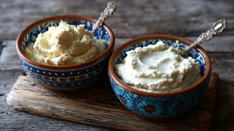 Two bowls of horseradish paste, one creamy and one plain, on a rustic wooden board with spoons