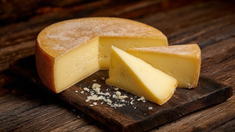 A round wheel of German semi-hard Schnittkäse cheese on a wooden board, with wedges cut out showing its firm, smooth texture