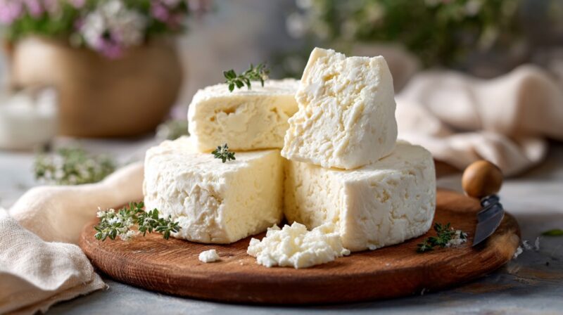 Piled pieces of German Weichkäse soft cheese on a wooden board, garnished with fresh thyme