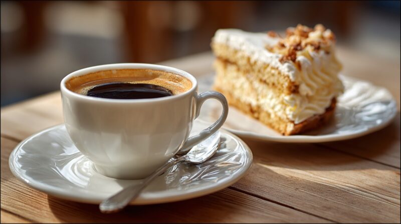 White cup of coffee beside a plate with a layered cream cake topped with nuts