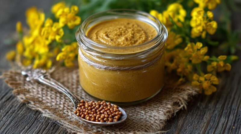 Jar of Bavarian sweet mustard with a spoonful of mustard seeds and yellow flowers in the background