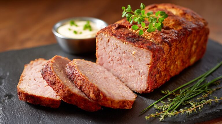 Slices of freshly baked Leberkäse with a crispy crust, served on a slate board with herbs and a dipping sauce in the background