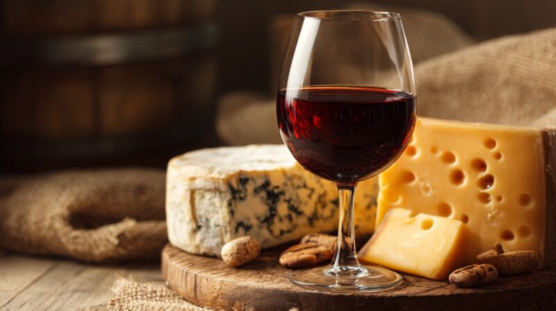 A glass of red wine on a wooden board next to a wheel of blue cheese, a block of Swiss cheese, and scattered wine corks